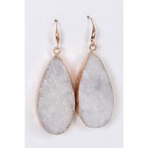 NEW NWT Boutique White Druzy Quartz Gold Dangle Teardrop Hook Earrings